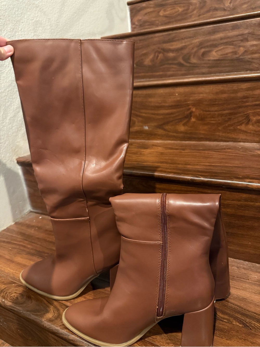 Women's Brown Mid-Calf Block Heel Boots - Picture 2 of 3